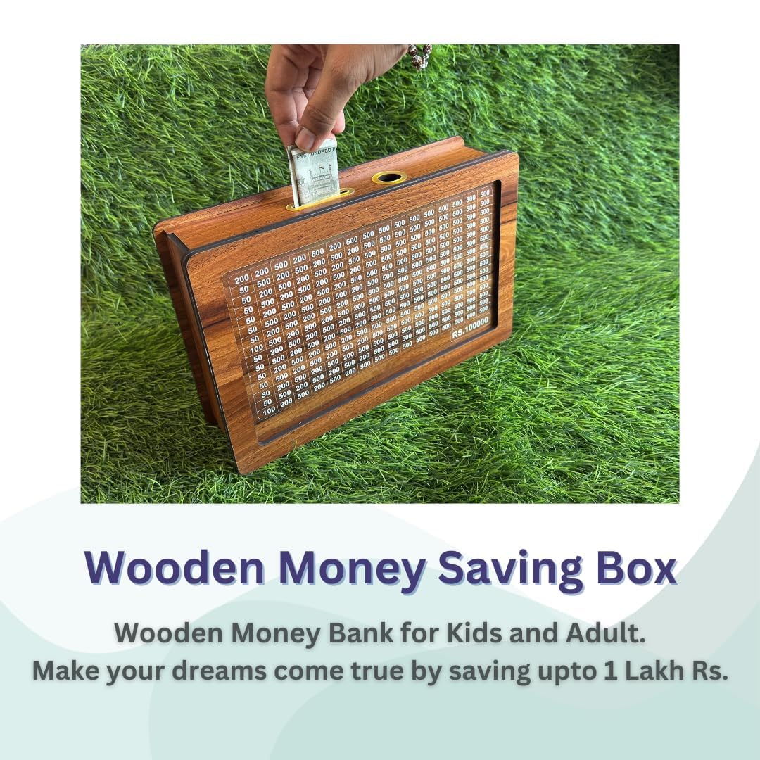 Wooden Money/Piggy Bank, Money Box,with Carved Design for Kids/Children, Savings Challenge Box, Cashbox,Cash Vault Wooden Savings Box, Wooden Coin Piggy Bank, Money Save Box Smash, Money Saver, Coin Box